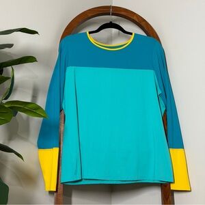 Lands' End XL/18 Aqua Blue Yellow Color Block Long Sleeve Rash Guard
